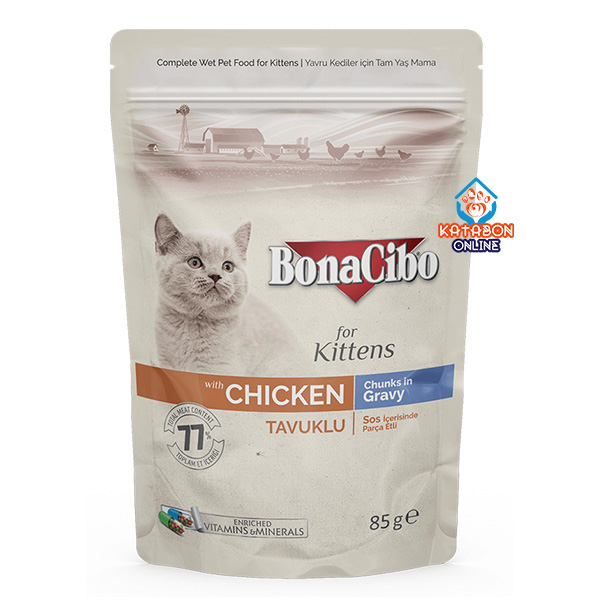 BonaCibo Pouch Kitten Wet Food Chicken Chunks In Gravy 85g